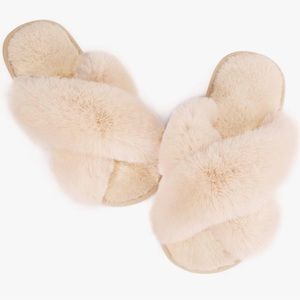 Womens Fuzzy Memory Foam Slippers Cross Band Cream Beige Tan